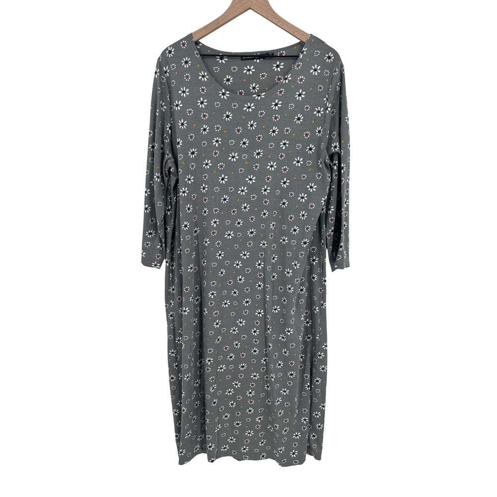 Gudrun Sjödén Dress Womens XL Gray Daisy Floral Midi 3/4 Sleeve Organic Cotton